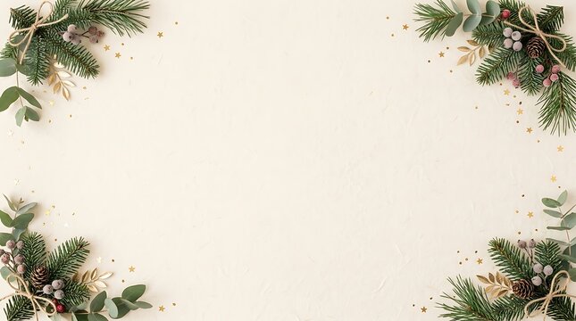 Christmas pine branch frame with festive decorations on a beige background