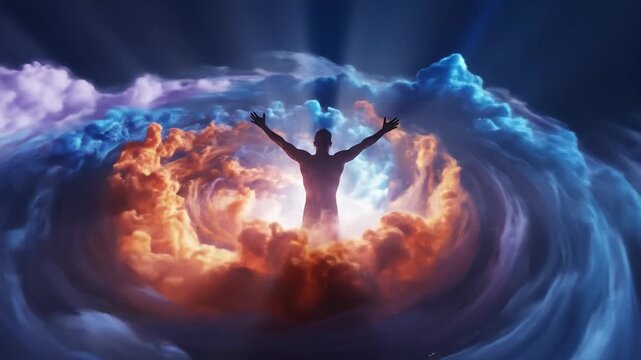 幻想的な炎と氷の融合の中に立つ神秘的な存在.