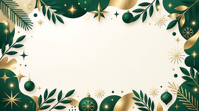 Christmas festive frame with green leaves and gold ornaments on white background