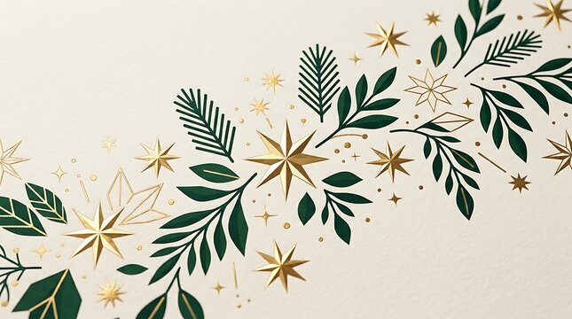 Christmas festive border with gold foil stars and green botanical leaves