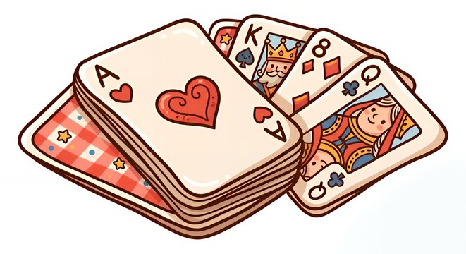 Cute cartoon playing cards deck with ace king queen and pattern back design, colorful vector illustration isolated on white background for game design