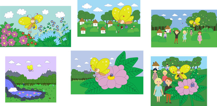 Cute cartoon butterfly adventure illustrations mega pack set, fairytale nature landscape storyboard scenes and happy people characters for kids book.