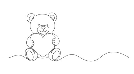 Fototapeta premium Cute teddy bear holding a heart continuous line art illustration with stuffed animal