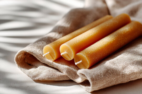 Three handmade beeswax taper candles on folded linen cloth with window blind shadow patterns