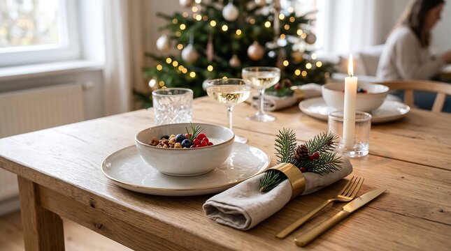 Cozy Christmas breakfast table setting with decorated holiday tree and elegant tableware