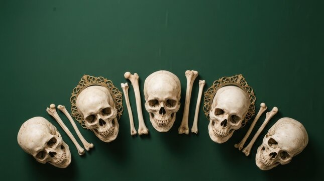 Human skulls and bones arranged in a symmetrical pattern on a dark green background