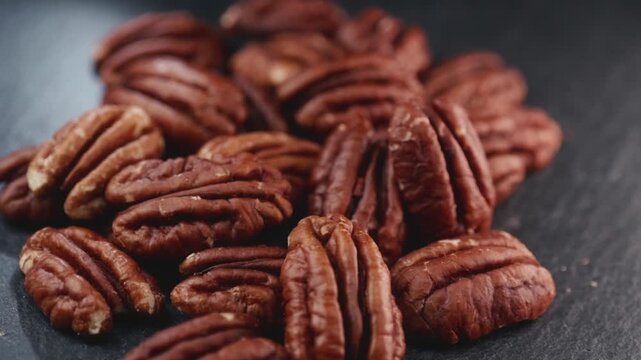 Macro shot of fresh premium pecan nuts filling the frame with selective focus, rotating slowly with artistic lighting. Perfect for healthy eating, gourmet food, culinary, and dietary content.