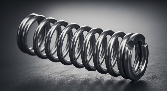 Close-up detailed view of a metallic coil spring demonstrating its intricate spiral structure and reflective surface.
