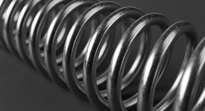 Close-up view of a metallic coiled spring exhibiting helical structure and reflective surface detail