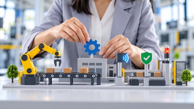 Business professional managing industrial automation factory model concept for modern smart manufacturing and efficient supply chain logistics operations.