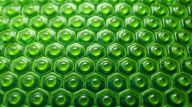 Abstract green hexagonal pattern with glossy 3d spheres