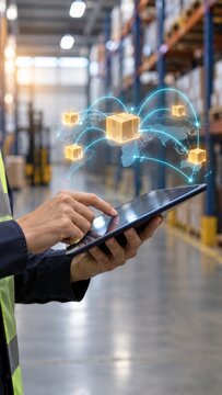 Global logistics management and supply chain digital tracking system using tablet interface inside modern distribution warehouse facility.