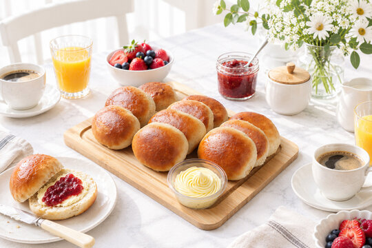 Freshly baked homemade scones or buns served on a wooden board with butter, strawberry jam, coffee, orange juice, and fresh berries for breakfast. Cozy morning aesthetic table setting