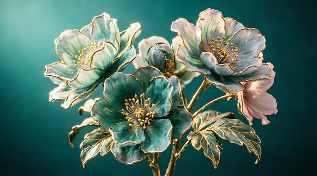Elegant blue and gold peony bouquet with delicate petals arranged in dark green studio background