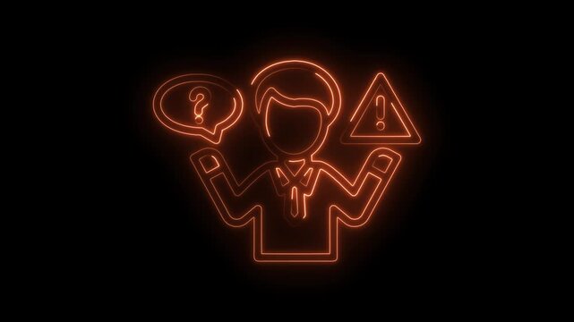 Neon business person with question mark and warning sign representing problems and solutions