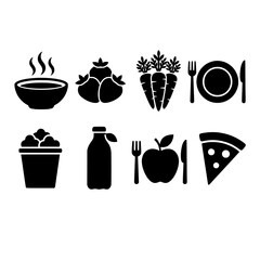 Fototapeta premium Food icons collection showing various meal options and ingredients in a black silhouette style.