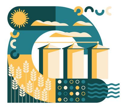 Wheat Production and Grain Storage Concept, geometric style