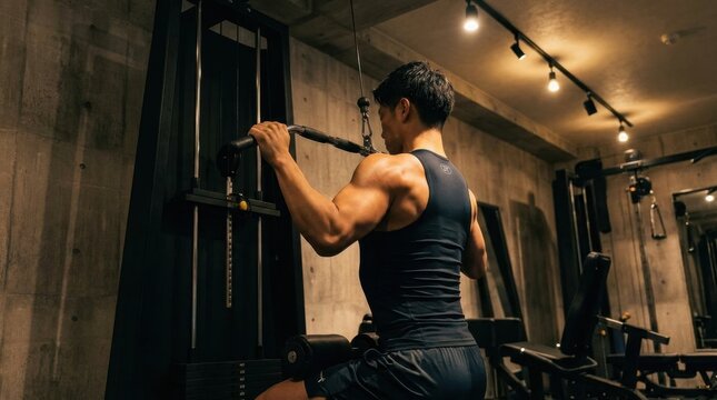 A toned person using a lat pulldown machine, showcasing a sharply defined upper back in a modern gym.