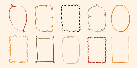 Obraz premium Whimsical doodle frames line art set. Whimsy hand drawn vintage coquette minimalist borders. Coquette vector illustration for banner, cards, invitation template