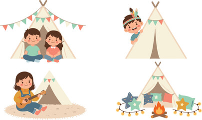 Cute Kids Character Vector Set Playing in Teepee Play Tents and Glamping with Bonfire Guitar and Cozy Star Pillows for Children Playroom Designs © Abul