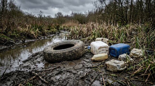A pile of discarded plastic containers and a car tire rest in muddy wetlands, symbolizing the threat of microplastic in water and environmental pollution in a natural ecosystem