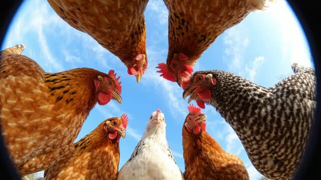 Curious chickens looking down at camera, funny fisheye view of farm poultry flock, organic free range hens in sunny backyard