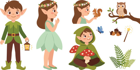 Fototapeta premium Cute Magical Forest Elves and Fairies Vector Character Set with Woodland Animals Mushrooms and Nature Elements for Children Fantasy Designs
