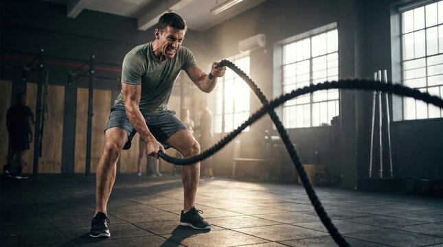 A dynamic shot of a toned person exercising with heavy battle ropes in a cinematic gym setting.