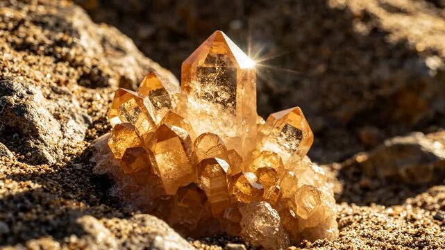 Sparkling citrine quartz crystal cluster glowing in natural sunlight macro close-up gemstone mineral