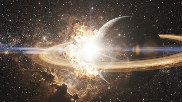 Catastrophic planet explosion in deep space with glowing rings and supernova blast