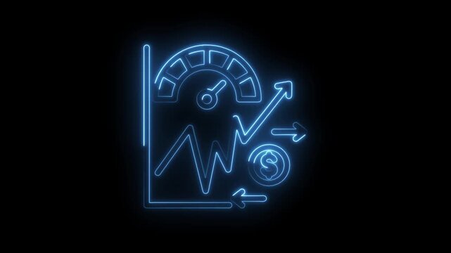 Neon blue financial growth chart with speedometer and dollar coin icon animated on black