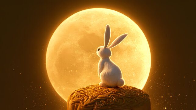 3D render of a cute white jade rabbit sitting on top of a giant traditional mooncake against a glowing full moon. Magical Mid-Autumn Festival concept art.