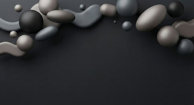 Abstract 3D spheres and organic shapes floating on a dark background