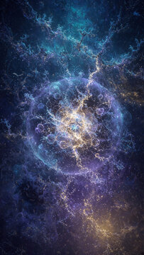 Quantum mechanics concept with complex fractal subatomic particle cloud in deep space