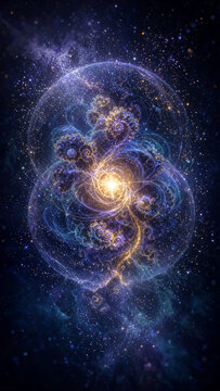 Quantum mechanics concept with complex fractal subatomic particle cloud in deep space