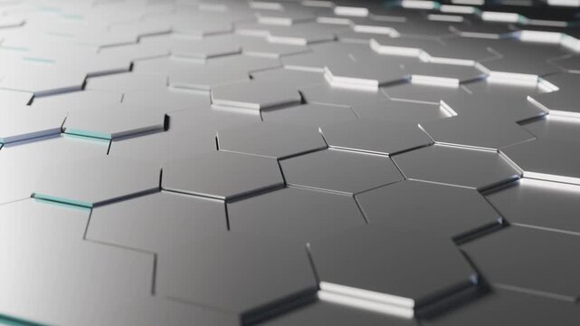 Abstract 3D silver hexagonal armour grid video loop. Kinetic metallic honeycomb tiles lifting and lowering for cybersecurity data protection tech firewall and advanced material shield background.