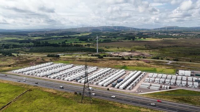 Drone view of Coalburn 1 in South Lanarkshire, Scotland, showing grid-scale battery storage supporting renewable power, wind integration and electricity balancing.