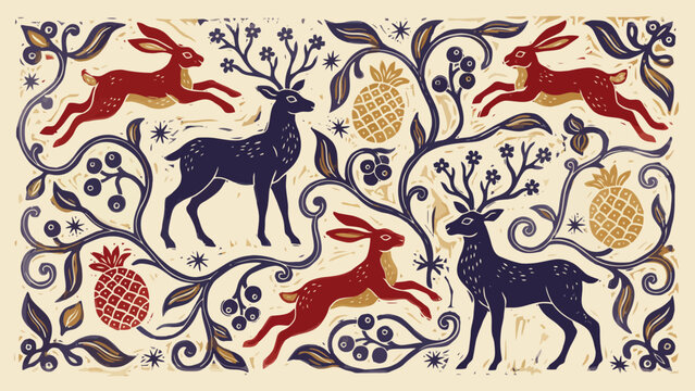 Decorative Folk Art Pattern Featuring Running Rabbits and Standing Deer with Ornate Foliage, Berries, and Pineapple Motifs in a Traditional Lino-cut Style Illustration