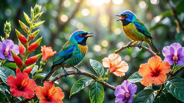 Two vibrant tropical birds perched on branch amid colorful flowers in lush garden setting