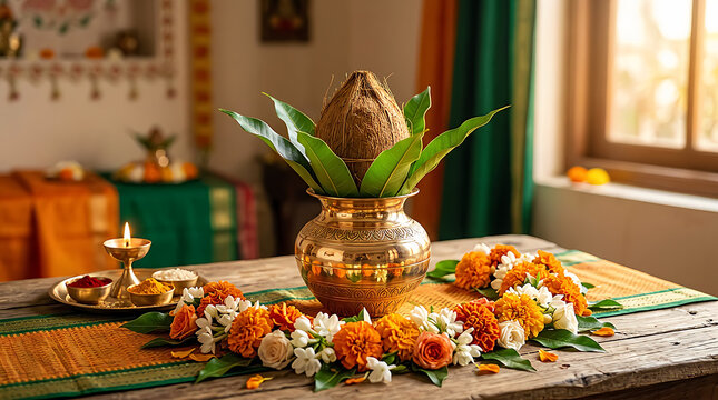 Traditional kalash with coconut and mango leaves for indian festival ritual