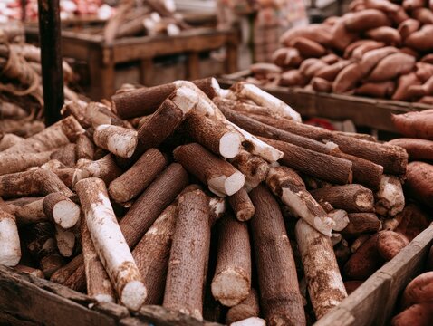 Pile of freshly harvested cassava roots in a wooden crate natural light