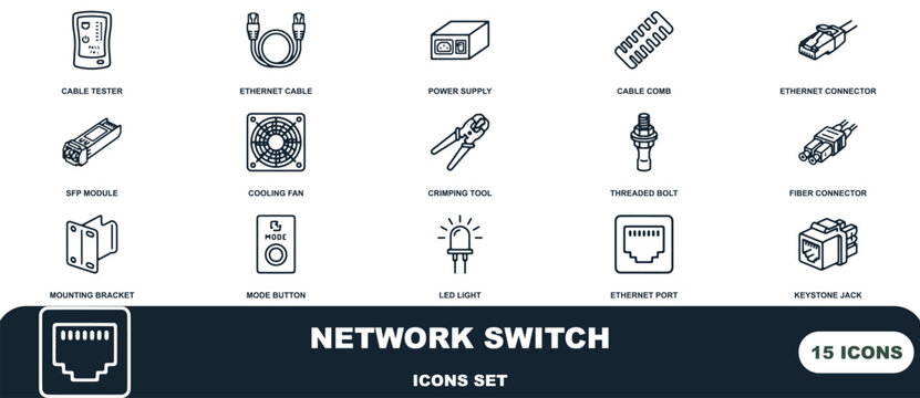 Network switch and it hardware icon set, including cable tester, ethernet connector, cooling fan, crimping tool, sfp module, and keystone jack symbols