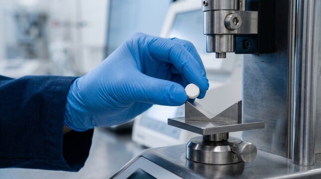 Premium pharmaceutical laboratory close-up of gloved technician hands placing generic pharmaceutical tablet into a precision tablet hardness testing instrument, stainless steel laboratory workstation