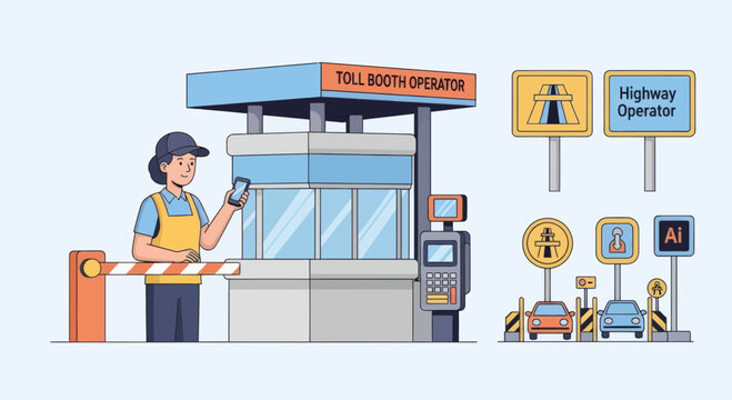 Toll Booth Operator Scanning Mobile Payment at Highway Station