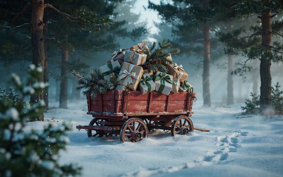 Cinematic winter scene red wagon full presents high resolution picture