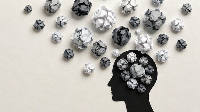 Silueta negra de cabeza humana con bolas de papel arrugado grises saliendo de la mente sobre superficie clara, estr&eacute;s, ansiedad, confusi&oacute;n mental y sobrecarga cognitiva. Ayuda psicol&oacute;gica depresi&oacute;n