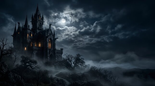 Mysterious gothic castle shrouded in fog under a full moon for a spooky atmosphere