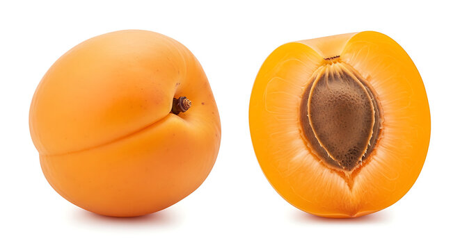 Whole and halved apricot fruit with pit exposed on clean white background for food packaging design