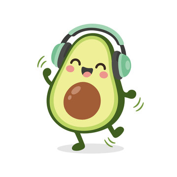 Cute Happy Avocado Dancing with Headphones on White Background