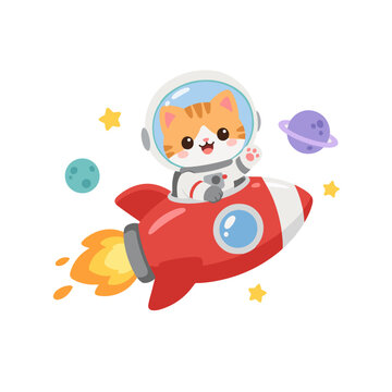 Cute Kitten Astronaut Riding a Red Rocket in Space with Planets and Stars